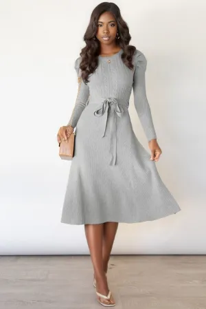 Round Neck Long Sleeve Tie Waist Sweater Dress
