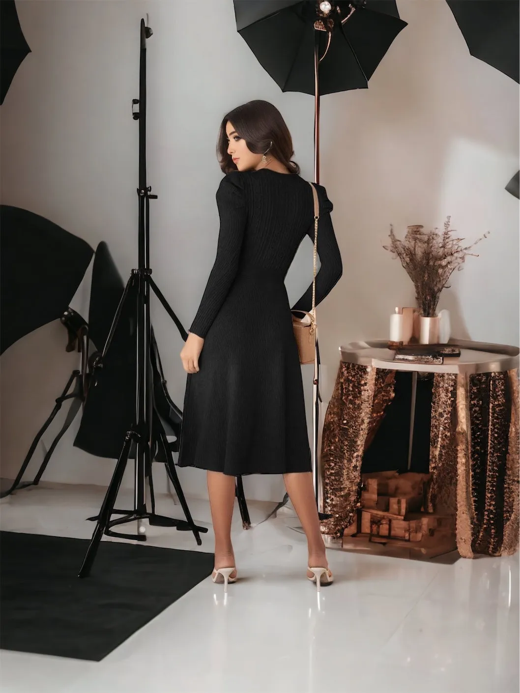 Round Neck Long Sleeve Tie Waist Sweater Dress