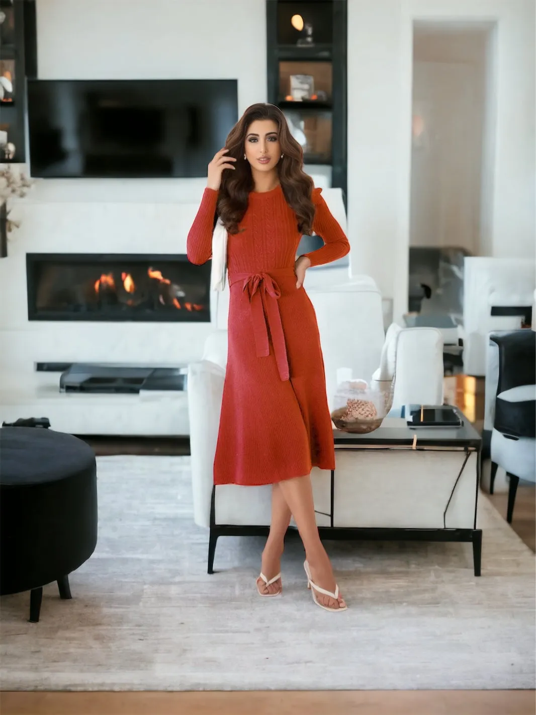 Round Neck Long Sleeve Tie Waist Sweater Dress