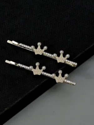 Royal Pearl Crown Embellished Hair Clip- Pack of 2, Golden and White