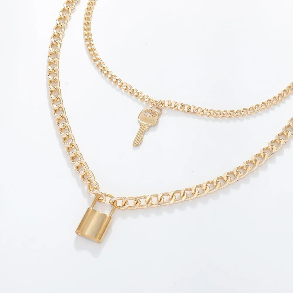 Rrdaily Delicate Lock Key Layered Choker Necklace Personalized Y Pendant Necklace for Him and Her Valentine'S Day Jewelry Gifts