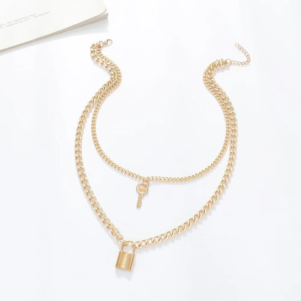Rrdaily Delicate Lock Key Layered Choker Necklace Personalized Y Pendant Necklace for Him and Her Valentine'S Day Jewelry Gifts