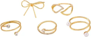 Rrdaily Gold Stackable Open Knuckle Rings Set for Women Boho Spiral Zircon Pearl Bowknot Rings Trendy Midi Joint Finger Nail Rings Stuff Birthday Jewelry Gifts