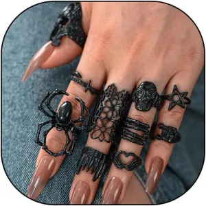 Rrdaily Vintage Gothic Stackable Ring Set for Women Adjustable Hollow Flower Heart Finger Rings Chunky Aesthetic Knuckle Rings Jewelry Accessories