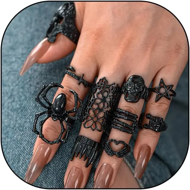 Rrdaily Vintage Gothic Stackable Ring Set for Women Adjustable Hollow Flower Heart Finger Rings Chunky Aesthetic Knuckle Rings Jewelry Accessories