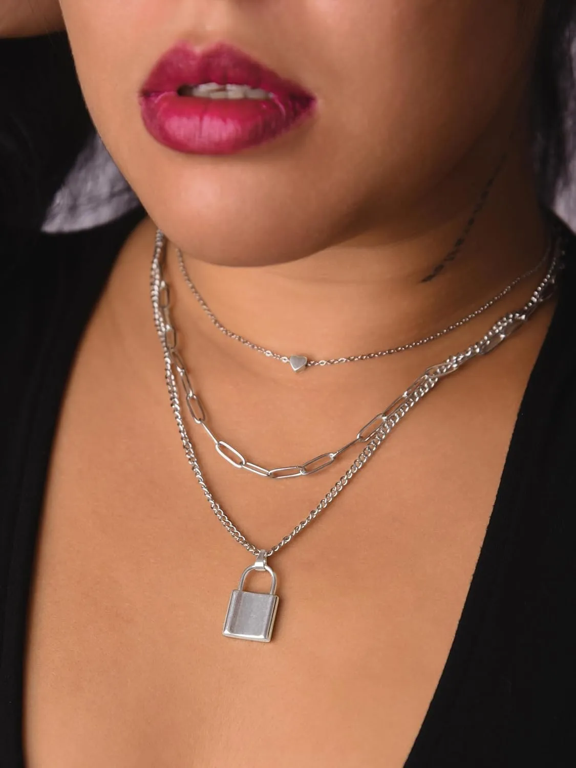 Sacina Gothic Silver-Tone, Black Layered Heart Lock Necklace, Emo Grunge Punk Necklace, Goth Jewelry, Halloween Christmas Jewelry Gift For Women