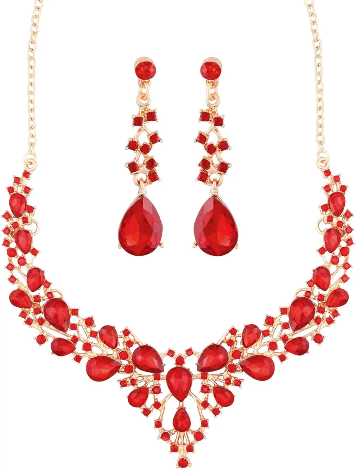 Sacina Set Red Crystal Necklace Earrings, Red Statement Necklace, Vintage Gothic Necklace, Goth Costume Jewelry, Christmas Jewelry Gifts for Women