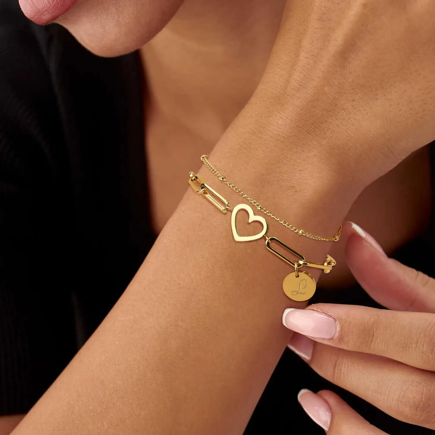 Sanfenly Initial Bracelets For Women, 14K Gold Plated Stainless Steel Personalized Engraved A-Z Letter Bracelet Layered Heart Monogram Name Coin Disc Charm Stackable Stack Stacked Stacking Bracelet Set