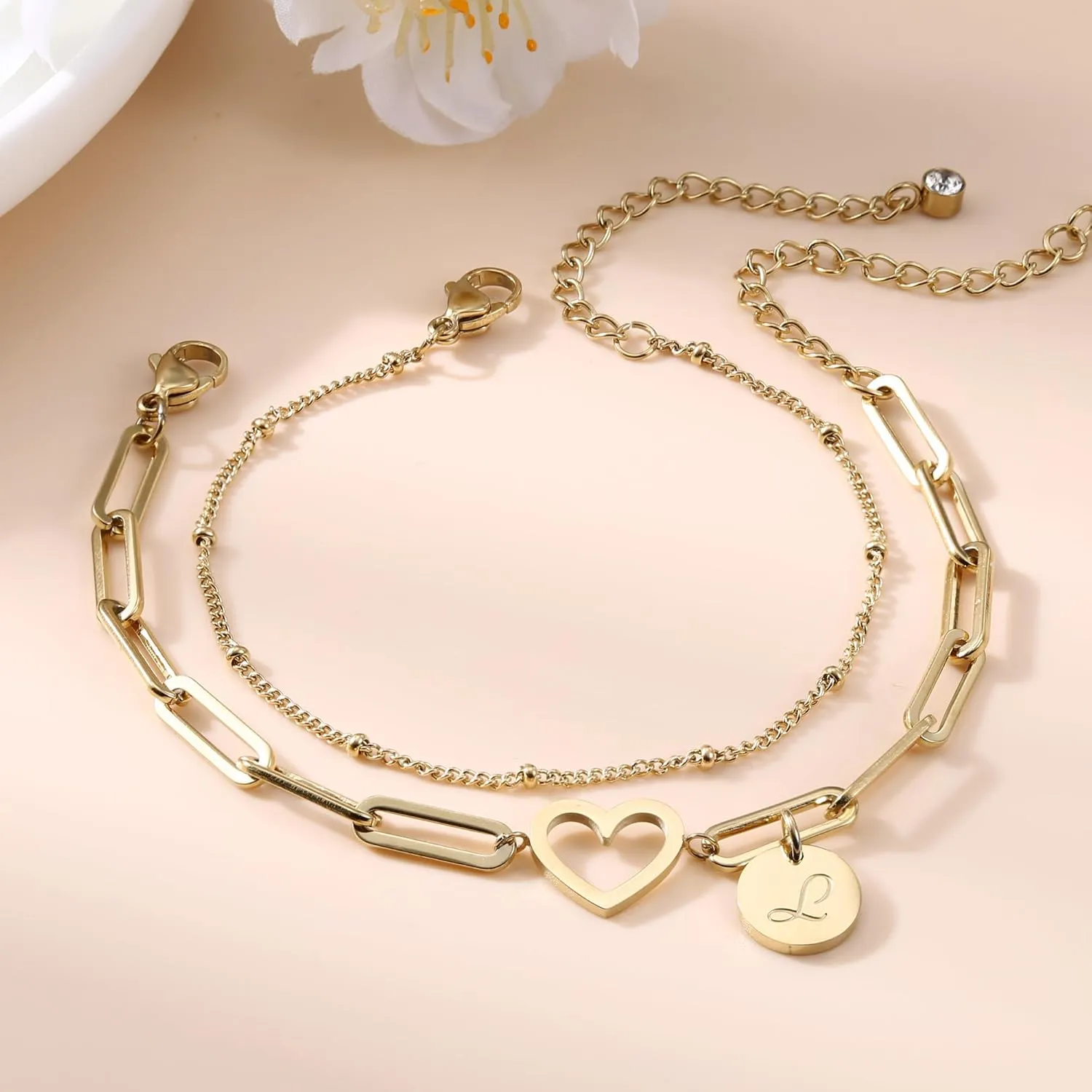 Sanfenly Initial Bracelets For Women, 14K Gold Plated Stainless Steel Personalized Engraved A-Z Letter Bracelet Layered Heart Monogram Name Coin Disc Charm Stackable Stack Stacked Stacking Bracelet Set