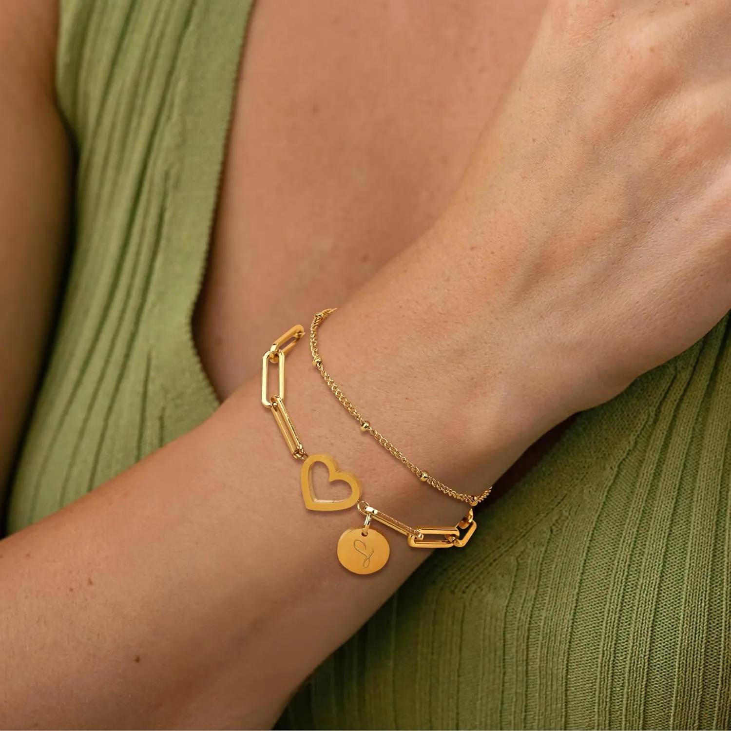 Sanfenly Initial Bracelets For Women, 14K Gold Plated Stainless Steel Personalized Engraved A-Z Letter Bracelet Layered Heart Monogram Name Coin Disc Charm Stackable Stack Stacked Stacking Bracelet Set