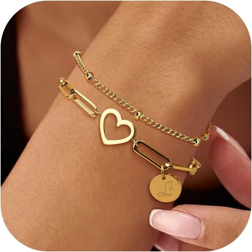 Sanfenly Initial Bracelets For Women, 14K Gold Plated Stainless Steel Personalized Engraved A-Z Letter Bracelet Layered Heart Monogram Name Coin Disc Charm Stackable Stack Stacked Stacking Bracelet Set