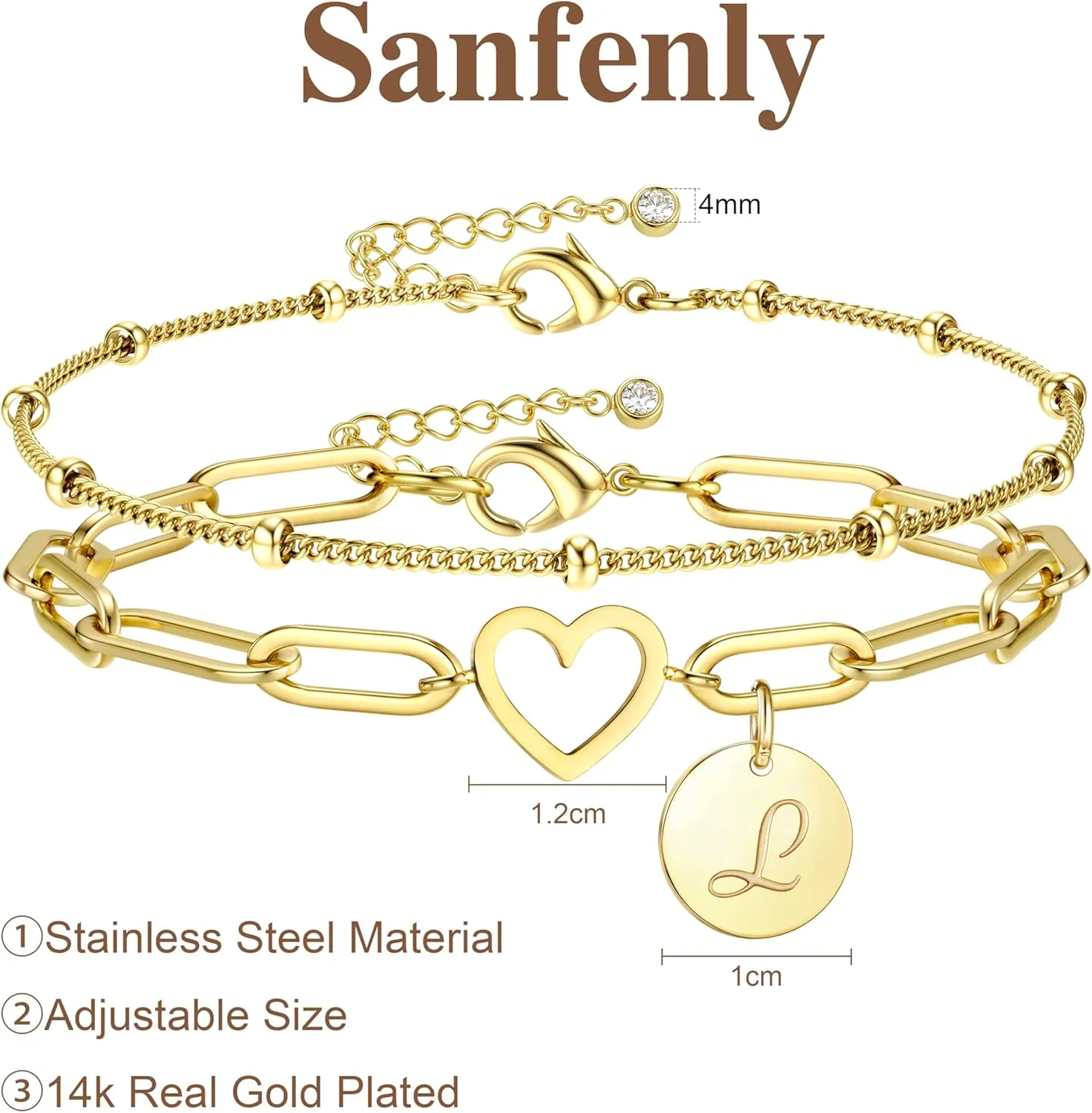 Sanfenly Initial Bracelets For Women, 14K Gold Plated Stainless Steel Personalized Engraved A-Z Letter Bracelet Layered Heart Monogram Name Coin Disc Charm Stackable Stack Stacked Stacking Bracelet Set