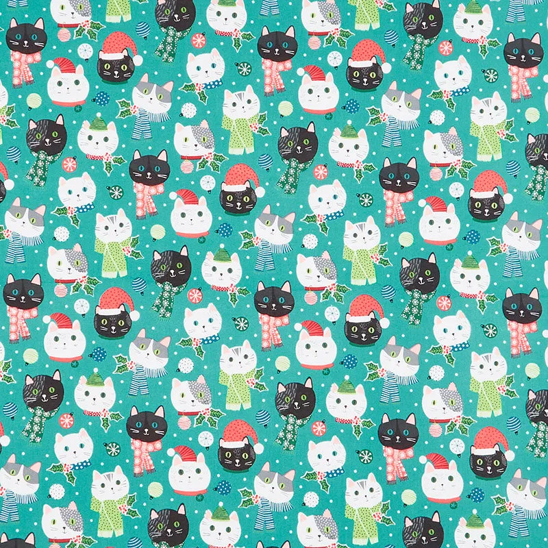 Santa Paws - Cat Faces Turquiose Yardage