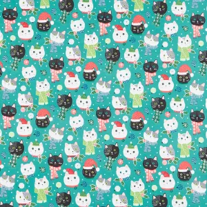 Santa Paws - Cat Faces Turquiose Yardage