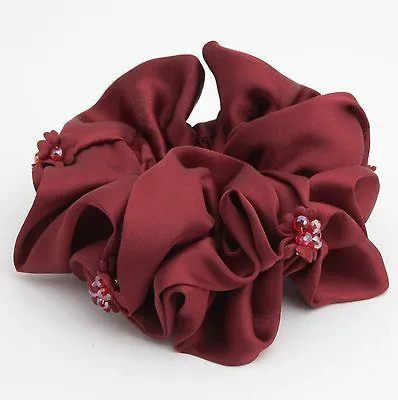 Satin Scrunchies Acrylic Rhinestone attached Glossy Elastic Hair TIes