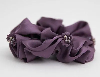 Satin Scrunchies Acrylic Rhinestone attached Glossy Elastic Hair TIes