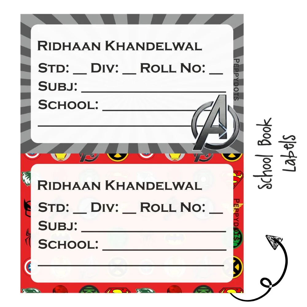 School Book Label - Superhero- Pack of 36 labels (PREPAID ONLY)