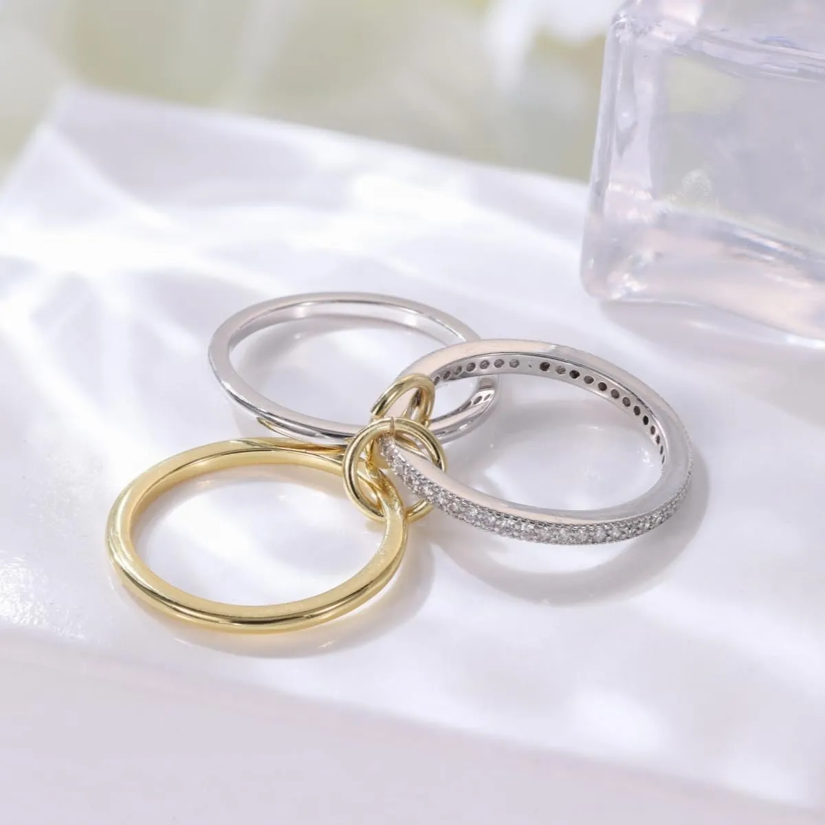 Silver Gold Stackable Rings for Women Non Tarnish, Two Tone Rings for Women Dainty Bands, 18k Gold Plated 3 Rings Set with CZ Cubic Zirconia Band for Casual to Formal Occasions