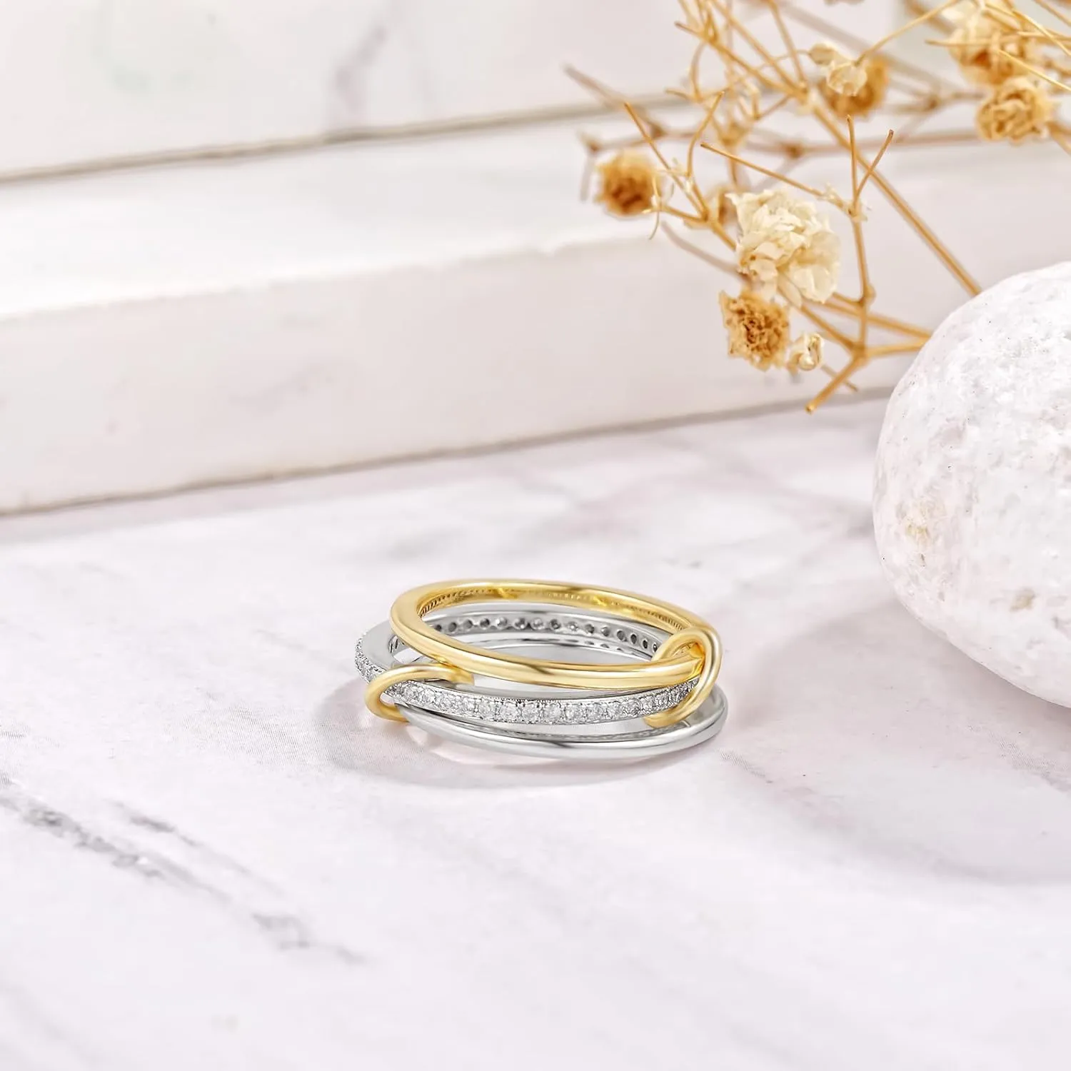 Silver Gold Stackable Rings for Women Non Tarnish, Two Tone Rings for Women Dainty Bands, 18k Gold Plated 3 Rings Set with CZ Cubic Zirconia Band for Casual to Formal Occasions