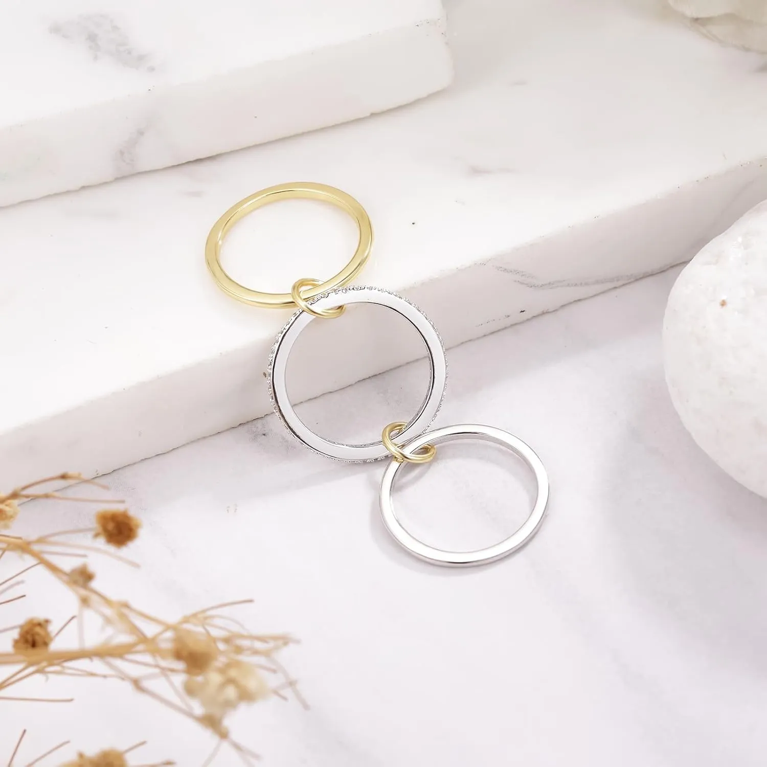 Silver Gold Stackable Rings for Women Non Tarnish, Two Tone Rings for Women Dainty Bands, 18k Gold Plated 3 Rings Set with CZ Cubic Zirconia Band for Casual to Formal Occasions