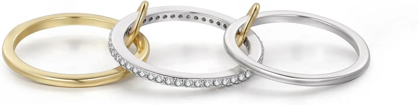 Silver Gold Stackable Rings for Women Non Tarnish, Two Tone Rings for Women Dainty Bands, 18k Gold Plated 3 Rings Set with CZ Cubic Zirconia Band for Casual to Formal Occasions