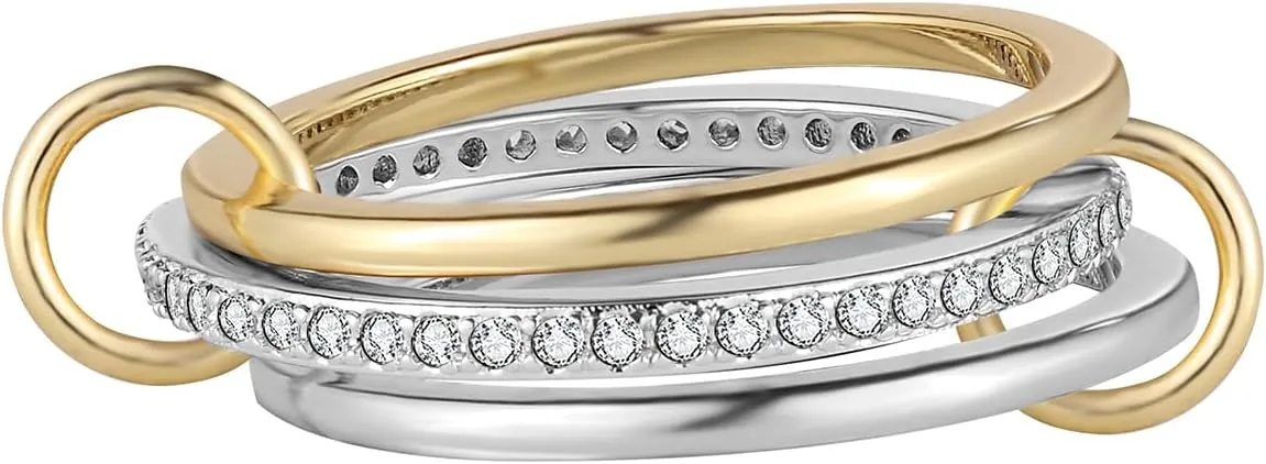 Silver Gold Stackable Rings for Women Non Tarnish, Two Tone Rings for Women Dainty Bands, 18k Gold Plated 3 Rings Set with CZ Cubic Zirconia Band for Casual to Formal Occasions