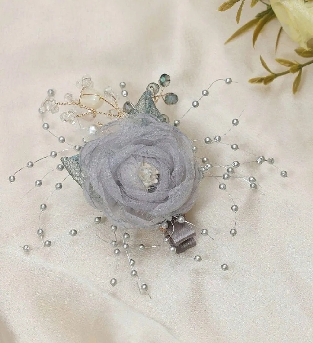 Silver Serenity: Elegant Grey Chiffon Rosette Hair Clip with Delicate Beaded Sprays and Crystal Embellishments
