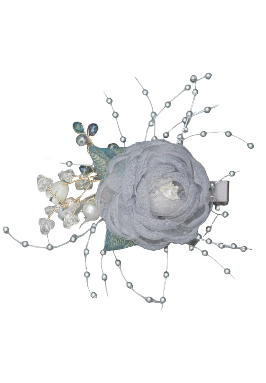 Silver Serenity: Elegant Grey Chiffon Rosette Hair Clip with Delicate Beaded Sprays and Crystal Embellishments
