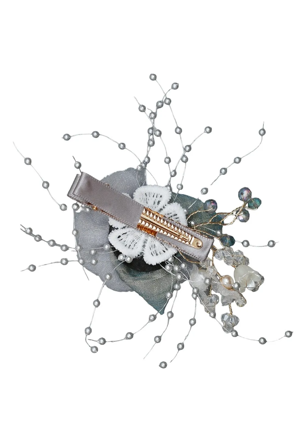 Silver Serenity: Elegant Grey Chiffon Rosette Hair Clip with Delicate Beaded Sprays and Crystal Embellishments