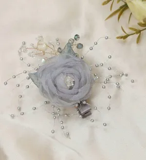 Silver Serenity: Elegant Grey Chiffon Rosette Hair Clip with Delicate Beaded Sprays and Crystal Embellishments