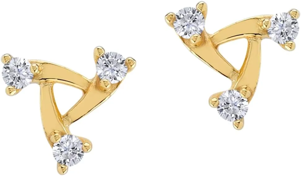 Silvershake 3-Stone Round Shape Gemstone White Gold Plated or Yellow Gold Plated 925 Sterling Silver Minimalist Trendy Chic Triangle Design Stud Post Earrings Jewelry for Women