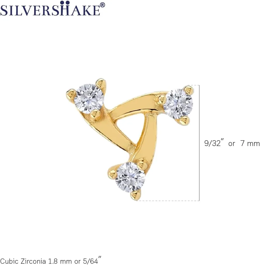 Silvershake 3-Stone Round Shape Gemstone White Gold Plated or Yellow Gold Plated 925 Sterling Silver Minimalist Trendy Chic Triangle Design Stud Post Earrings Jewelry for Women