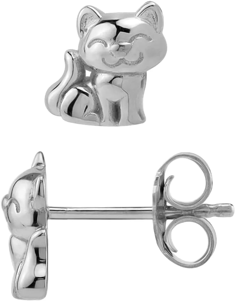 Silvershake 8MM Petite White Gold Plated or Yellow Gold Plated 925 Sterling Silver Minimalist Cat Pet Casual Stud Earrings Jewelry for Women or Teens