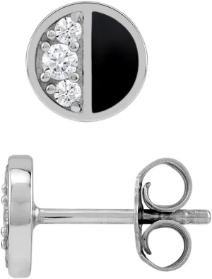 Silvershake Petite Natural Black Onyx Inlay and Cubic Zirconia White Gold Plated 925 Sterling Silver Minimalist Trendy Chic Round Shape Stud Earrings Jewelry for Women