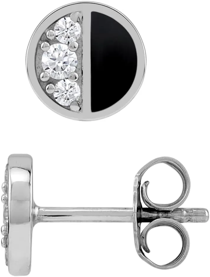 Silvershake Petite Natural Black Onyx Inlay and Cubic Zirconia White Gold Plated 925 Sterling Silver Minimalist Trendy Chic Round Shape Stud Earrings Jewelry for Women