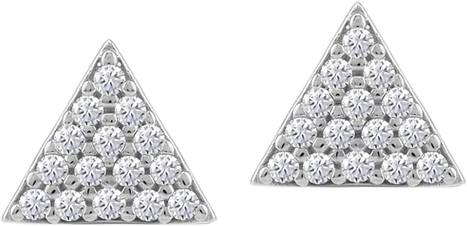 Silvershake Petite Round Shape Gemstone White Gold Plated or Yellow Gold Plated 925 Sterling Silver Minimalist Triangle Design Geometric Trendy Chic Stud Earrings Jewelry for Women