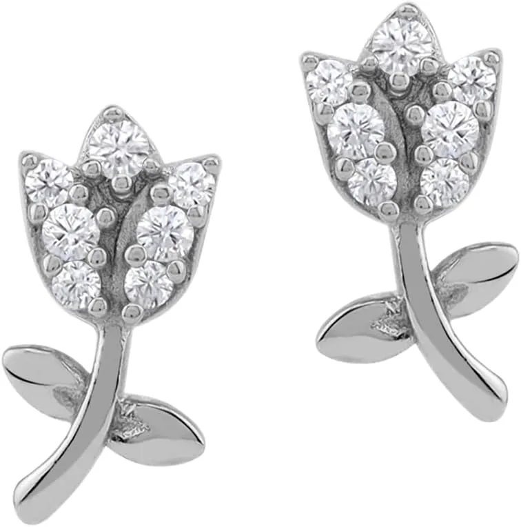 Silvershake Petite White Gold Plated or Yellow Gold Plated 925 Sterling Silver Minimalist Flower & Leaf Trendy Chic Stud Post Gemstone Earrings Jewelry for Women