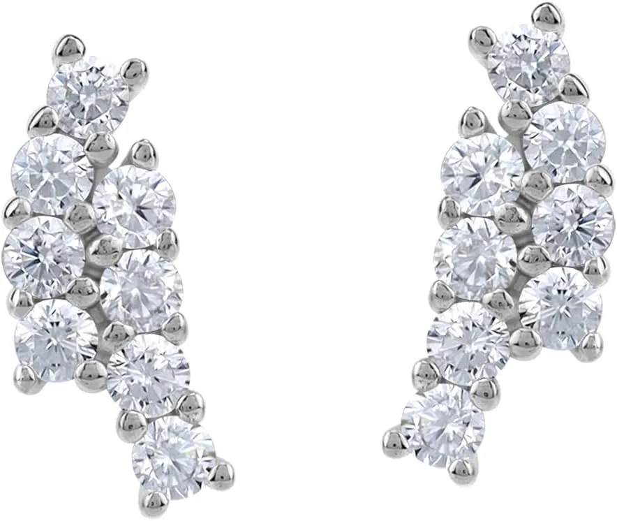 Silvershake Round Shape Cubic Zirconia White Gold Plated 925 Sterling Silver Minimalist Twin Journey Trendy Chic Climber Horizontal Stud Earrings April Gemstone Birthstone Jewelry for Women