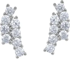 Silvershake Round Shape Cubic Zirconia White Gold Plated 925 Sterling Silver Minimalist Twin Journey Trendy Chic Climber Horizontal Stud Earrings April Gemstone Birthstone Jewelry for Women
