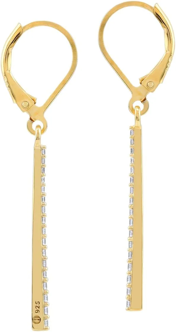 Silvershake Round Shape Gemstone White Gold Plated or Yellow Gold Plated 925 Sterling Silver Minimalist Long Journey Vertical Bar Trendy Leverback Dangle Earrings Jewelry for Women