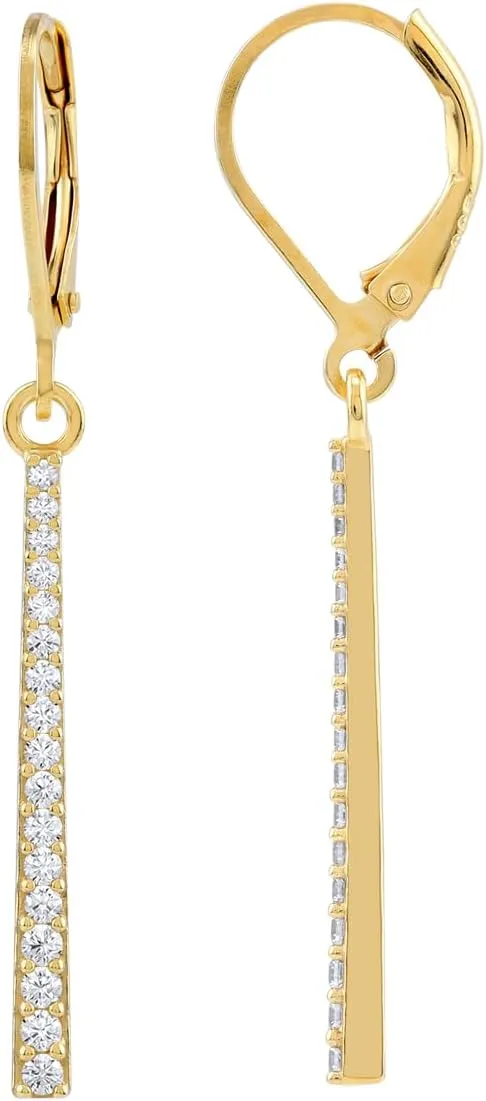 Silvershake Round Shape Gemstone White Gold Plated or Yellow Gold Plated 925 Sterling Silver Minimalist Long Journey Vertical Bar Trendy Leverback Dangle Earrings Jewelry for Women