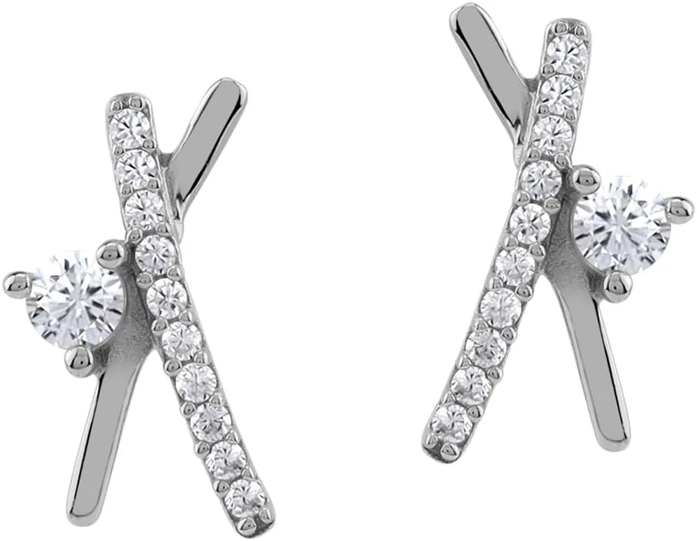 Silvershake Round Shape Gemstone White Gold Plated or Yellow Gold Plated 925 Sterling Silver Minimalist Trendy Chic X O Criss Cross Stud Post Earrings Jewelry for Women