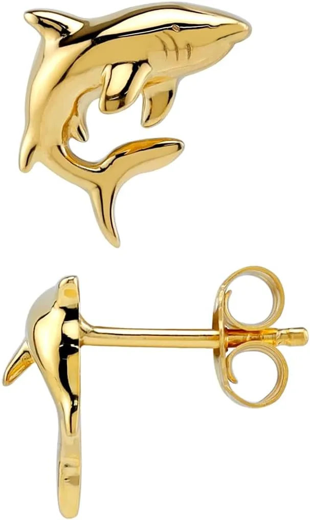 Silvershake White Gold Plated or Yellow Gold Plated 925 Sterling Silver Minimalist Shark Sealife Divers Casual Stud Earrings Jewelry for Women or Teens