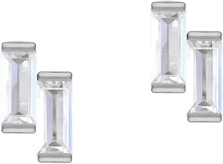 Silvershake White Gold Plated or Yellow Gold Plated 925 Sterling Silver Minimalist Twin Baguette Shape Geometric Casual Stud Post Gemstone Earrings Jewelry for Women