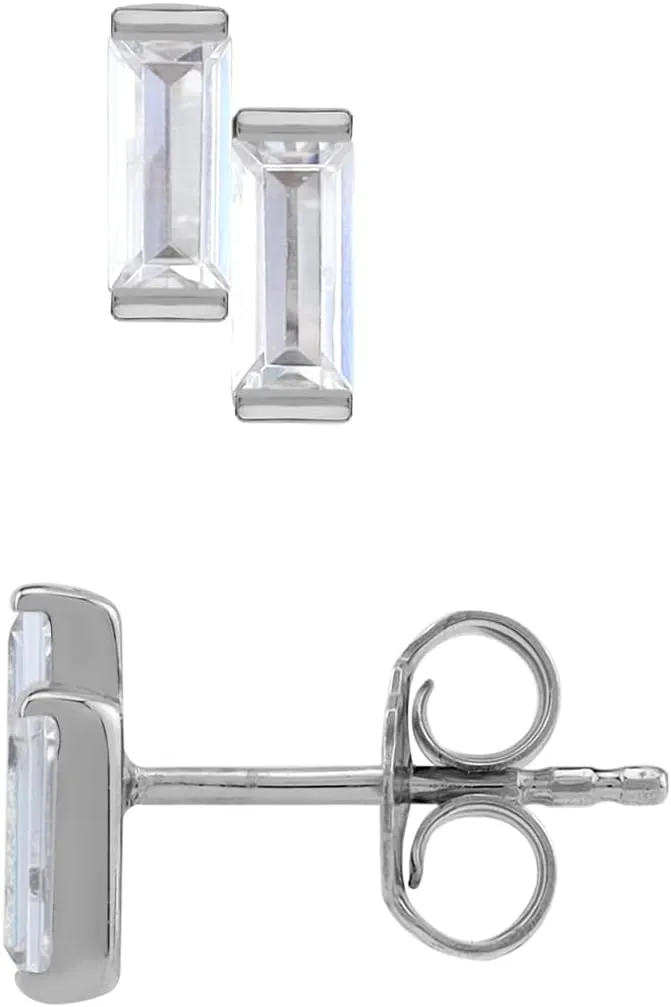Silvershake White Gold Plated or Yellow Gold Plated 925 Sterling Silver Minimalist Twin Baguette Shape Geometric Casual Stud Post Gemstone Earrings Jewelry for Women