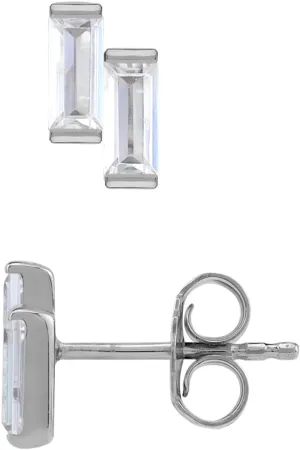Silvershake White Gold Plated or Yellow Gold Plated 925 Sterling Silver Minimalist Twin Baguette Shape Geometric Casual Stud Post Gemstone Earrings Jewelry for Women