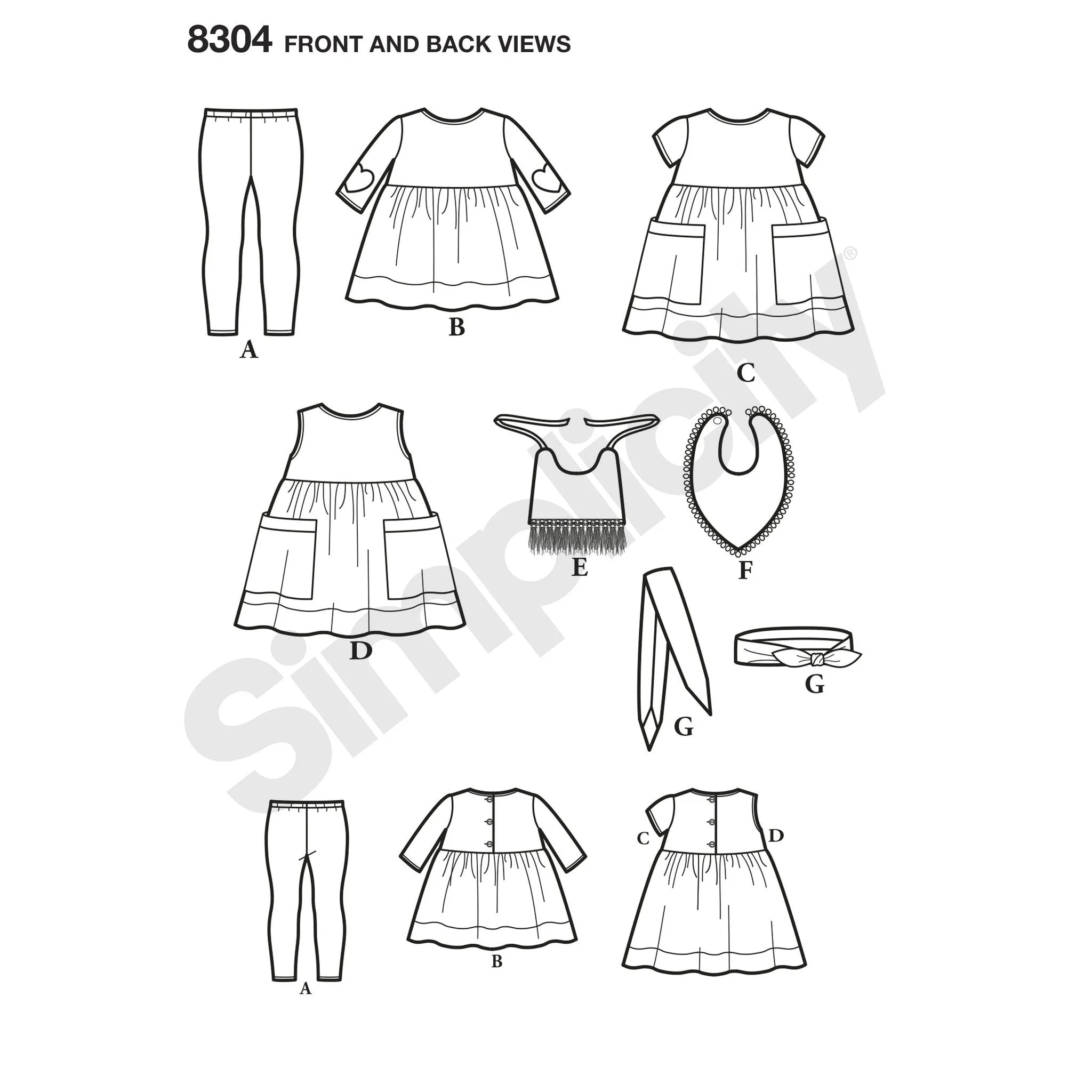 Simplicity Pattern 8304 babies leggings top dress bibs and headband