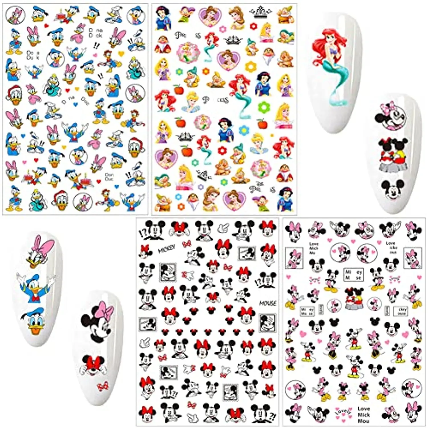 Skreened Cartoon Nail Art Stickers 3D Self-Adhesive Decals Cute Princess Supplies Designer for Women Kids Girls Nails Decorations (4 Sheets)