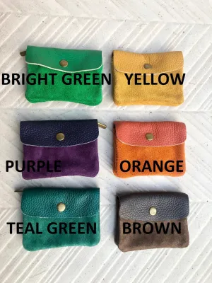 Small coin purse in genuine leather with 3 pockets, zipper  and flap. Fits credit cards, coins, bills. Retro style soft leather wallet.
