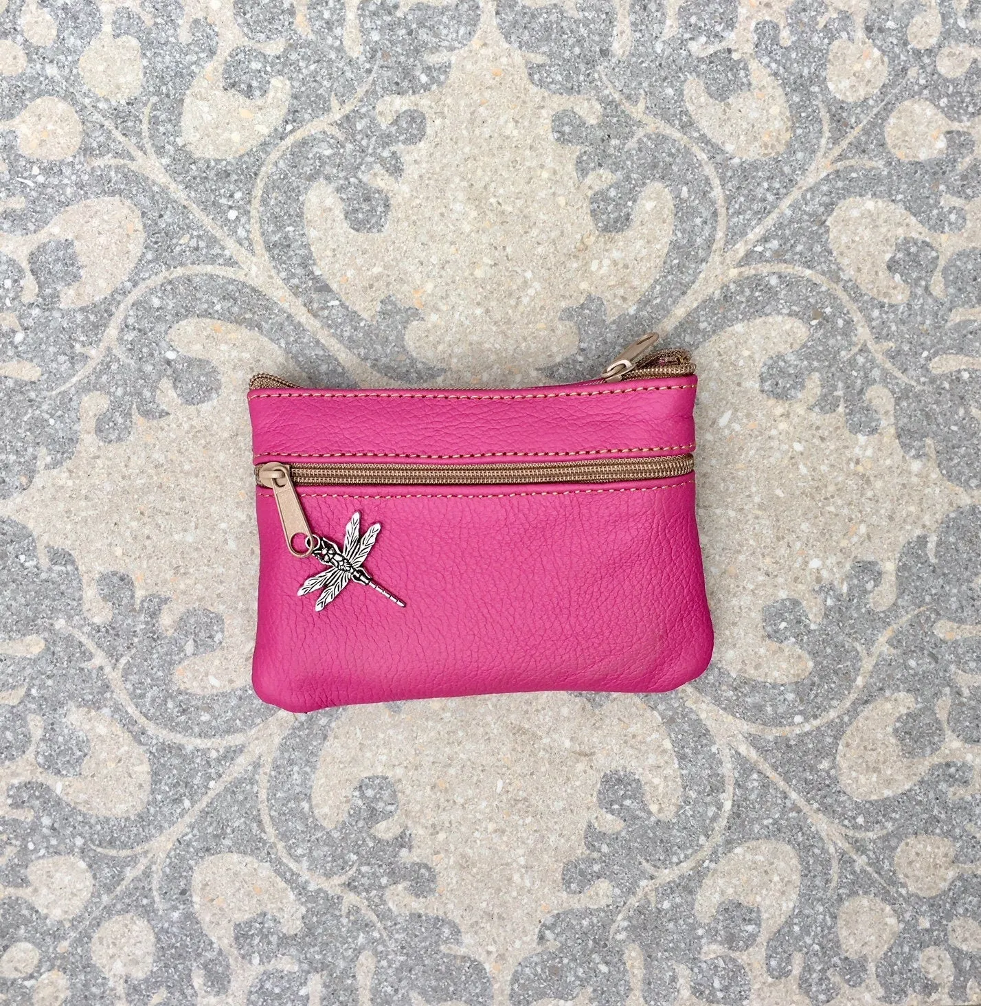 Small purse in hot PINK, genuine leather, 4 zippers. Fits credit cards, coins, bills. Magenta FUCHSIA leather wallet with DRAGONFLY charm